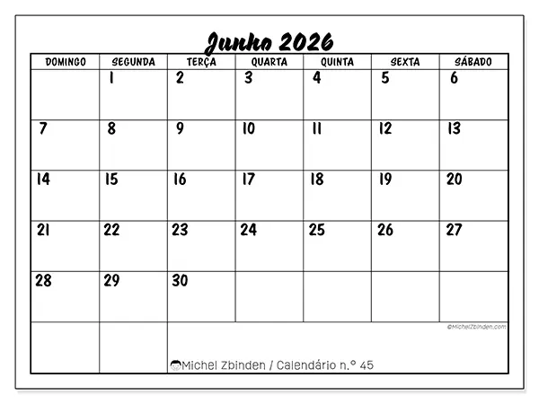 Calendário de junho de 2026 para imprimir - Sucesso escolar - Semana de domingo a sábado