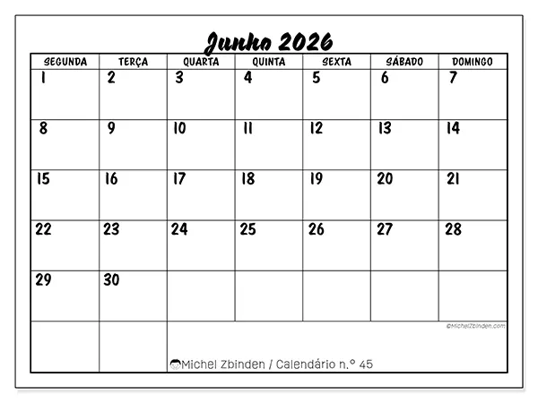 Calendário de junho de 2026 para imprimir - Sucesso escolar
