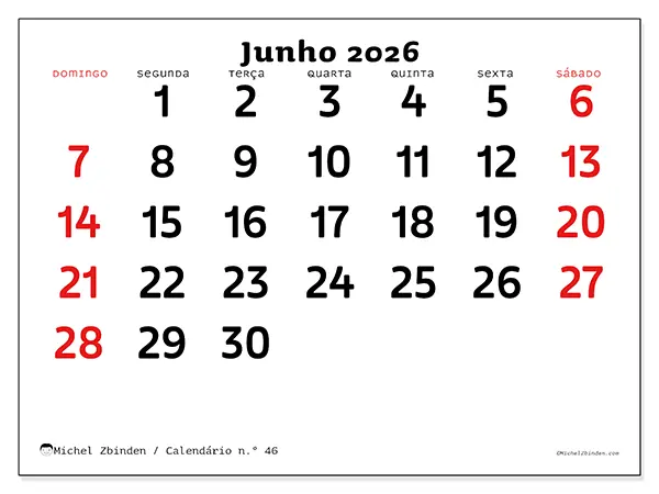 Calendário de junho de 2026 para imprimir - Visão clara - Semana de domingo a sábado
