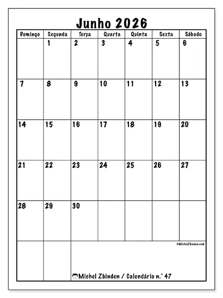 Calendário de junho de 2026 para imprimir - Planeamento eficiente - Semana de domingo a sábado