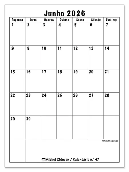 Calendário de junho de 2026 para imprimir - Planeamento eficiente