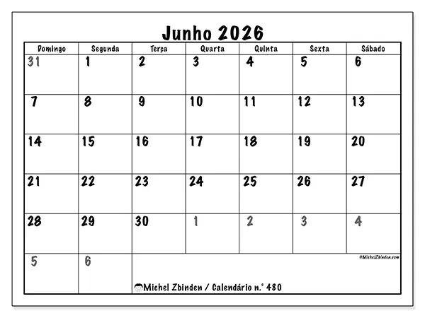 Calendário de junho de 2026 para imprimir - Planeamento completo - Semana de domingo a sábado