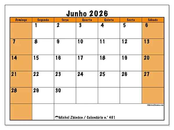 Calendário de junho de 2026 para imprimir - Planeamento dinâmico - Semana de domingo a sábado