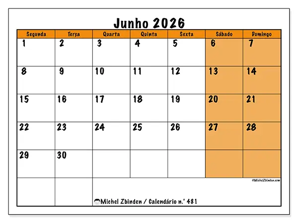 Calendário de junho de 2026 para imprimir - Planeamento dinâmico
