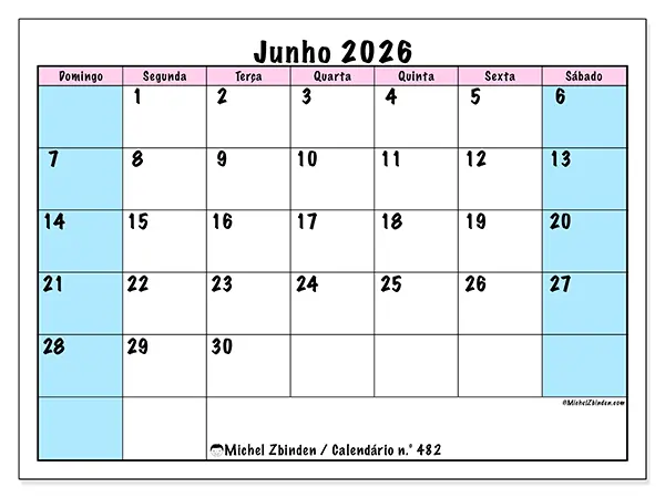 Calendário de junho de 2026 para imprimir - Horário de equipa - Semana de domingo a sábado