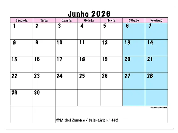 Calendário de junho de 2026 para imprimir - Horário de equipa