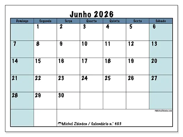 Calendário de junho de 2026 para imprimir - Estrutura para a escola - Semana de domingo a sábado