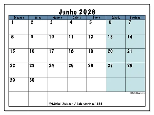 Calendário de junho de 2026 para imprimir - Estrutura para a escola