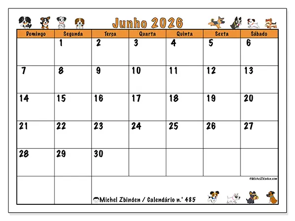 Calendário de junho de 2026 para imprimir - Cães entusiasmados - Semana de domingo a sábado
