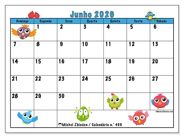 Calendário de junho de 2026 para imprimir - Pássaros divertidos - Semana de domingo a sábado