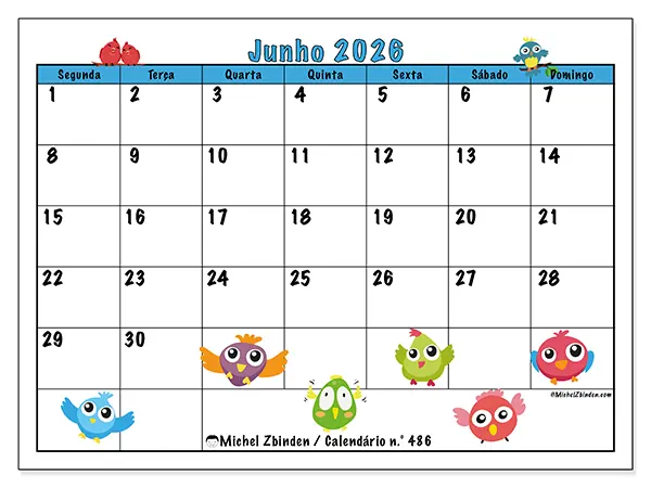 Calendário de junho de 2026 para imprimir - Pássaros divertidos