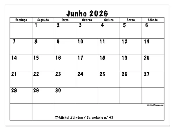 Calendário de junho de 2026 para imprimir - Eficiência diária - Semana de domingo a sábado
