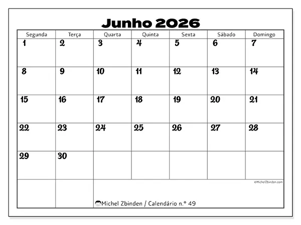 Calendário de junho de 2026 para imprimir - Coordenação produtiva