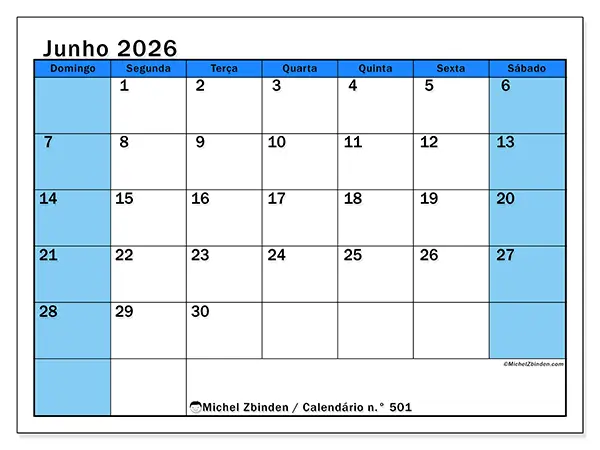 Calendário de junho de 2026 para imprimir - Estudos dinâmicos - Semana de domingo a sábado