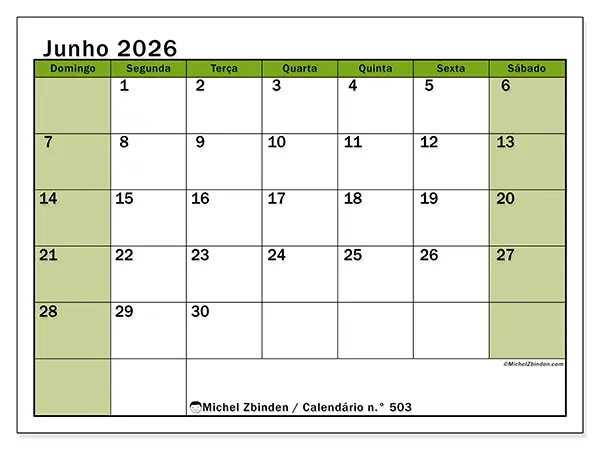 Calendário de junho de 2026 para imprimir - Organização viva - Semana de domingo a sábado