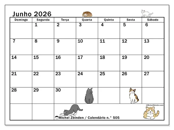 Calendário de junho de 2026 para imprimir - Vida de gato - Semana de domingo a sábado