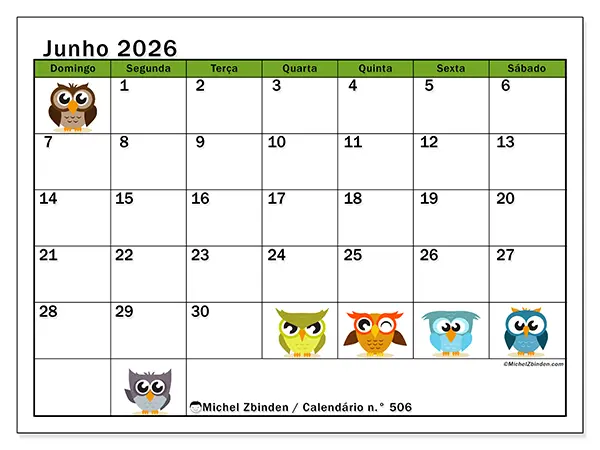 Calendário de junho de 2026 para imprimir - Corujas divertidas - Semana de domingo a sábado