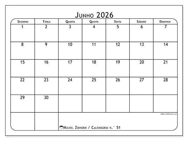 Calendário de junho de 2026 para imprimir - Planeador de refeições