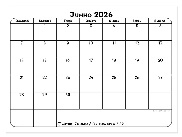 Calendário de junho de 2026 para imprimir - Organização profissional - Semana de domingo a sábado