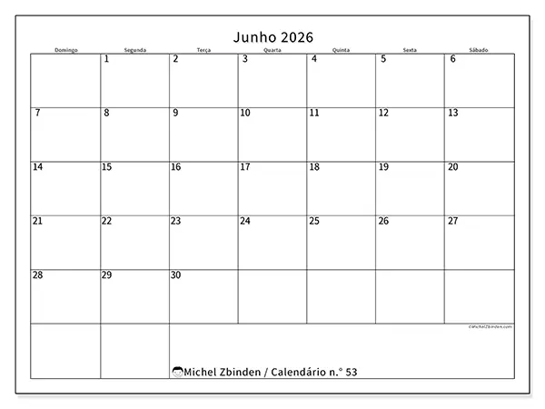 Calendário de junho de 2026 para imprimir - Horário eficiente - Semana de domingo a sábado