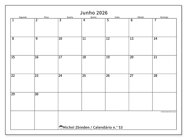 Calendário de junho de 2026 para imprimir - Horário eficiente