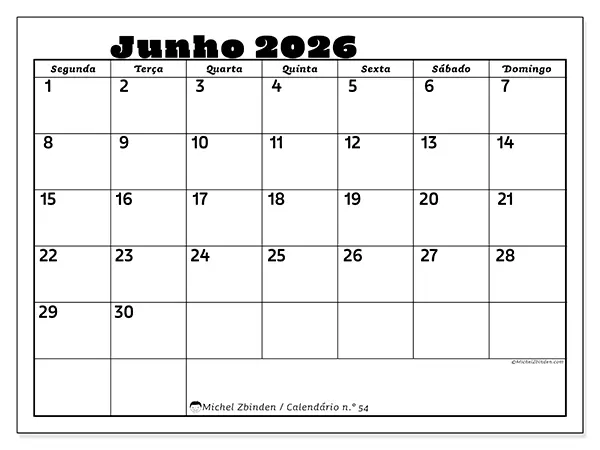 Calendário de junho de 2026 para imprimir - Atividades em família