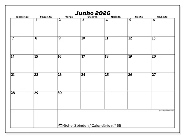 Calendário de junho de 2026 para imprimir - Organização do lazer - Semana de domingo a sábado