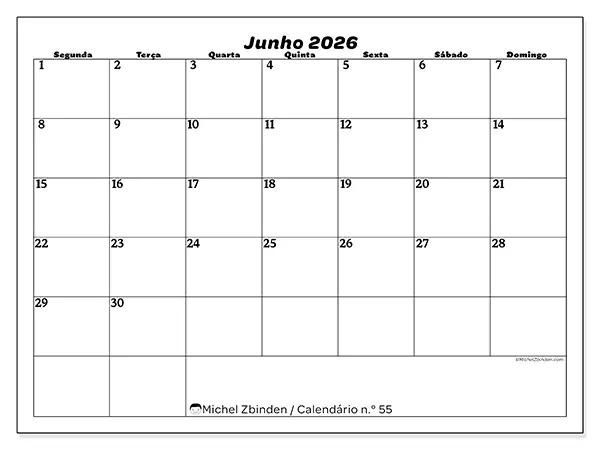 Calendário de junho de 2026 para imprimir - Organização do lazer