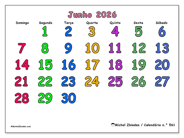 Calendário de junho de 2026 para imprimir - Momentos criativos - Semana de domingo a sábado
