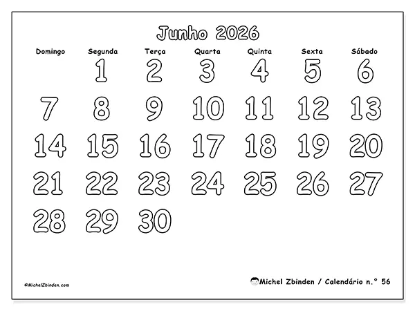 Calendário de junho de 2026 para imprimir - Colorir útil - Semana de domingo a sábado
