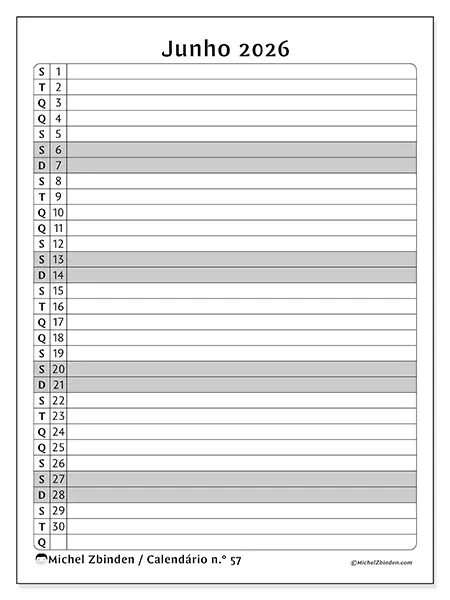 Calendário de junho de 2026 para imprimir - Lista de atividades