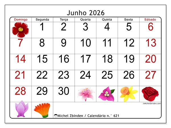 Calendário de junho de 2026 para imprimir - Flores grandes - Semana de domingo a sábado
