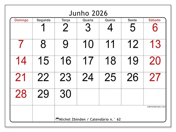 Calendário de junho de 2026 para imprimir - Leitura rápida - Semana de domingo a sábado