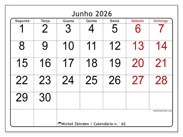 Calendário de junho de 2026 para imprimir - Leitura rápida