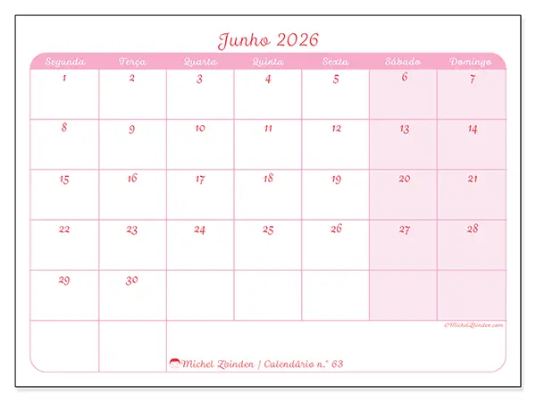 Calendário de junho de 2026 para imprimir - Organização suave