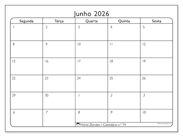 Calendário de junho de 2026 para imprimir - Organização do trabalho