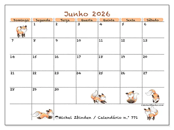 Calendário de junho de 2026 para imprimir - Desenhos de raposas - Semana de domingo a sábado