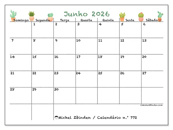 Calendário de junho de 2026 para imprimir - Cactos decorativos - Semana de domingo a sábado