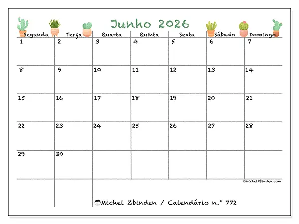 Calendário de junho de 2026 para imprimir - Cactos decorativos