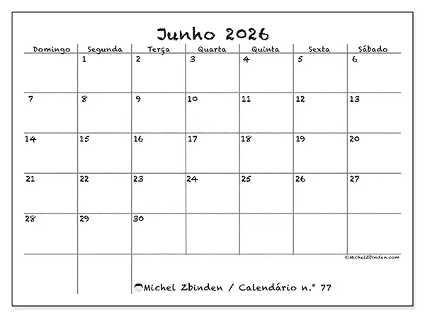 Calendário de junho de 2026 para imprimir - Escola e família - Semana de domingo a sábado