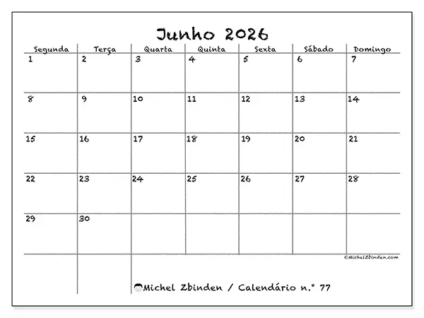 Calendário de junho de 2026 para imprimir - Escola e família