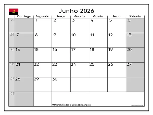 Calendário de junho de 2026 para imprimir - Angola