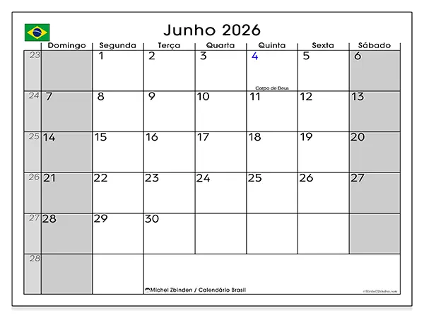 Calendário de junho de 2026 para imprimir - Brasil