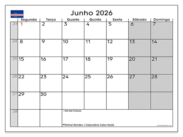 Calendário de junho de 2026 para imprimir - Cabo Verde