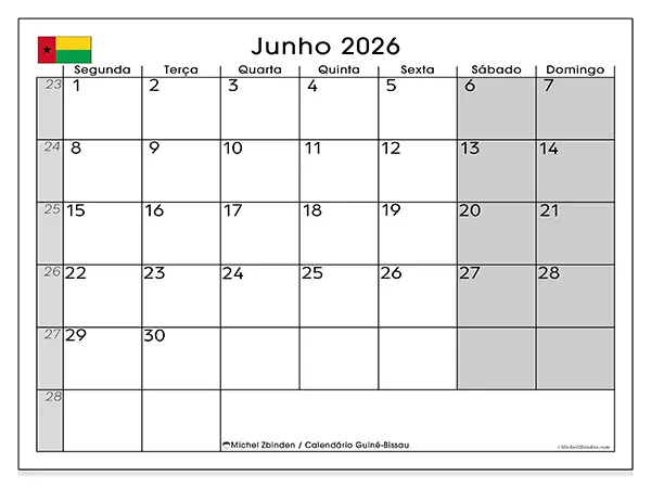 Calendário de junho de 2026 para imprimir - Guiné-Bissau