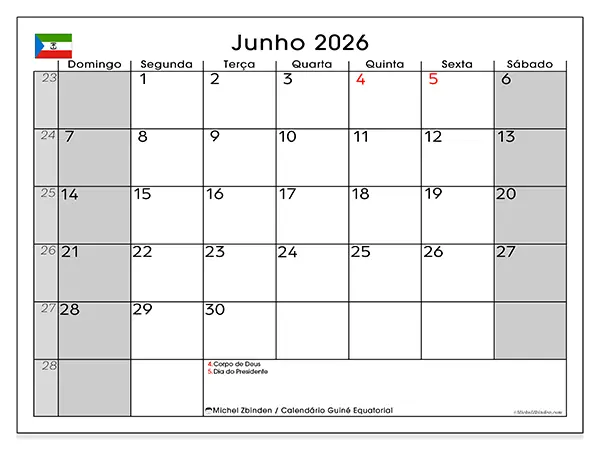 Calendário de junho de 2026 para imprimir - Guiné Equatorial