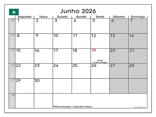 Calendário de junho de 2026 para imprimir - Macau