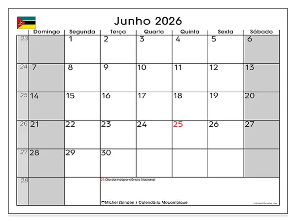 Calendário de junho de 2026 para imprimir - Moçambique