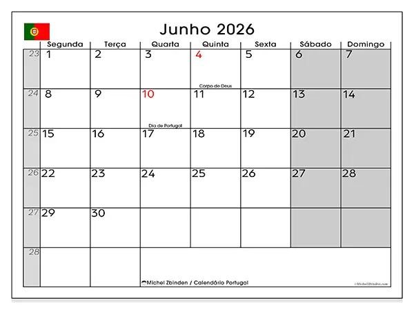 Calendário de junho de 2026 para imprimir - Portugal