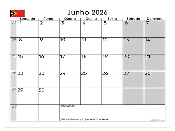 Calendário de junho de 2026 para imprimir - Timor Leste